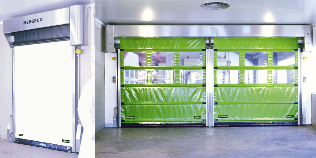 These first stainless steel Nergeco doors have been operating in the presence of hot water + detergent spray since 1992! Stainless steel fast acting doors
