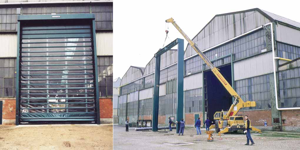 Porta rápida de grandes dimensões com resguardo transparente na indústria metalúrgica